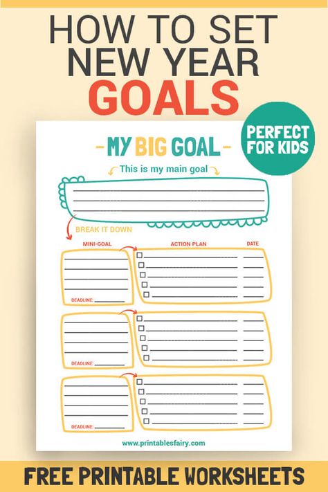 Set goals for the New Year using the Goal Setting Worksheets. The perfect printable activity for kids and adults on New Years Eve. #goalsetting #resolutions #newyears #newyearsresolutions Kids Goals For New Year, Goal Charts For Adults, Goal Setting For Kids, Goal Setting Worksheet Printables, Umbrella Project, Free Goal Printables, Goal Planning Worksheet, Resolution Template, Goal Setting Activities