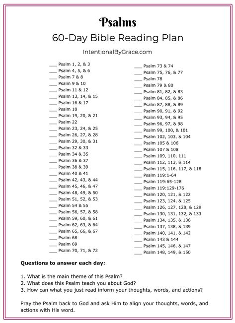 Free Psalms Bible Reading Plan 60 Days - Intentional By Grace 30 Day Psalm Reading Plan, Psalms And Proverbs Reading Plan, Psalms Reading Plan, Psalm Reading Plan, Topical Bible Reading Plan, Bible Marriage, Psalm 60, Psalm 75, Bible Plans