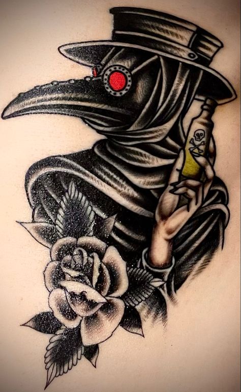 Traditional style tattoo of a Plage Doctor bust sitting upon a single rose, all in black except for the eyes which are bright red, holding up a bottle of poison green colored liquid. The bottle is labeled with a skull and crossbones. Plague Doctor And Nurse Tattoo, American Traditional Plague Doctor, Traditional Plague Doctor Tattoo, Witch Doctor Tattoo, Witch Tattoos, Plague Doctor Tattoo, Plague Dr, Personal Tattoos, Doctor Tattoo