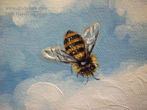 paintings of bees | Fuzzy Honey Bees Flying in the Clouds, 6"x6", Bee Painting, Mirror Painting, Bee Art, Cloud Painting, Honey Bees, Arte Sketchbook, Aesthetic Painting, In The Clouds, Painting Art Projects