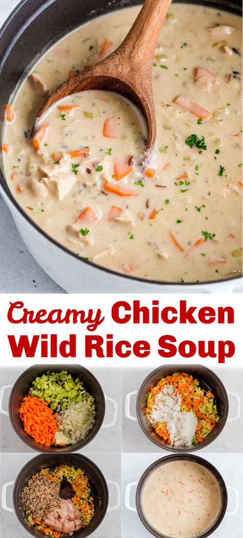 Wild Rice Soup Easy, Creamy Wild Rice Soup, Chicken And Wild Rice Soup, Wild Rice Soup Recipes, Chicken Wild Rice, Creamy Soup Recipes, Chicken Wild Rice Soup, Creamy Chicken And Rice, Rice Soup Recipes