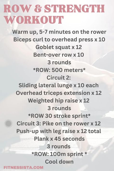 Row And Strength Workout, Rowing Machine Workout, Hip Raises, Lateral Lunges, Overhead Press, Body Strength, Rowing Machine, Workout Warm Up, Fitness Tools