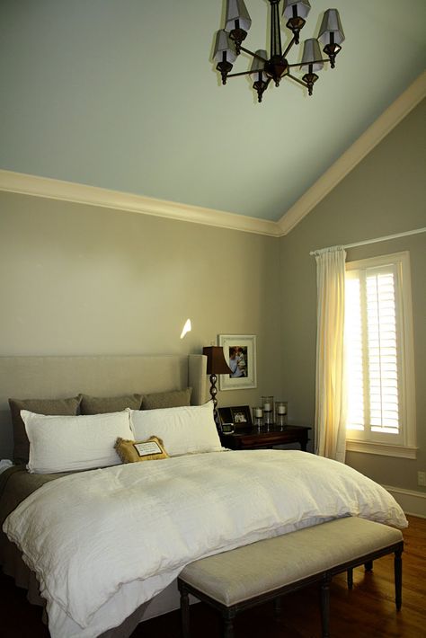 I want that!!!  Crown molding on a slanted ceiling. Painting Trends, Woodlawn Blue, Interior Painting Ideas, Grant Beige, Rooms Interior, Vaulted Ceiling Living Room, Slanted Ceiling, Repose Gray, Dark Floors