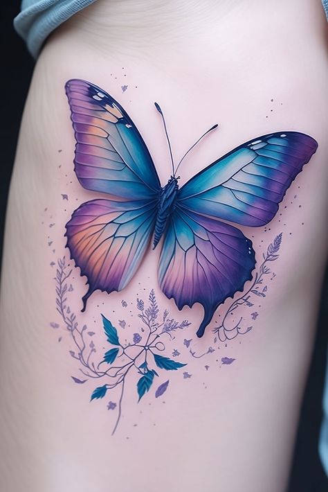 Colourful Butterfly Tattoo, Watercolor Butterfly Tattoo, Realistic Butterfly Tattoo, Purple Butterfly Tattoo, Borboleta Tattoo, Colorful Butterfly Tattoo, Tattoo Realism, Butterfly Tattoos On Arm, Blue Butterfly Tattoo