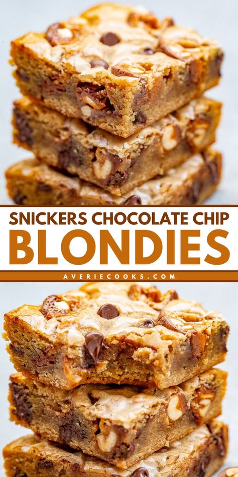 Look forward to these Snickers cookie bars! Filled with chunks of Snickers in every bite, these chocolate chip blondies are a perfect Halloween treat for parties. Save this blonde brownie recipe for a delicious and easy Halloween dessert! Snickers Cheesecake Bars, Blonde Recipe Brownies, Snicker Cookies Recipes, Snickers Recipes Desserts, Snicker Bars Recipe, Snicker Desserts, Easy Baked Dessert Recipes, Snickers Dessert Recipes, Brownie Dessert Ideas