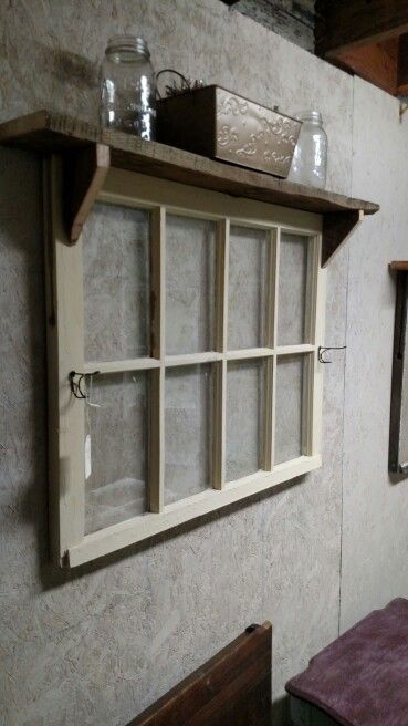 8 pane window with hooks and shelf Window Pane Decor, Old Window Decor, Old Window Panes, Windows Curtains, Old Window Projects, Old Window Frames, Photo Hanging, Simple Bathroom Remodel, Window Crafts