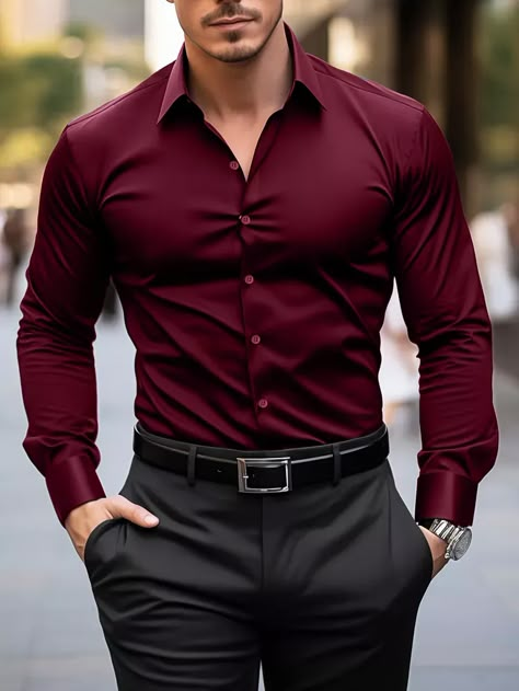 Maroon Shirt Outfit Men Formal, Red Polo Shirt Outfit Men, Maroon Shirt Outfit, Sports Coat And Jeans, Formal Shirt Design, Social Clothes, Formal Dresses For Men, Black Outfit Men, Polo Shirt Outfits