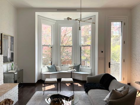 The Insider: Architect Carves Two Duplexes Out of Narrow Carroll Gardens Brownstone in Dire Straits | Brownstoner Brownstone Parlor, Brownstone Living Room, Brick Chimney Breast, Arched Entry Doors, Carroll Gardens Brooklyn, Removing A Wall, Parlor Floor, Brick Chimney, Brooklyn Brownstone