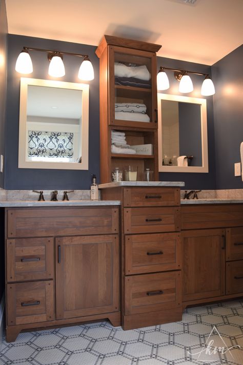 Separate Double Sink Bathroom Ideas, 2 Sinks In Bathroom, Double Vanity With Shelf In Middle, Double Seperate Vanity Bathroom Ideas, Double Sink Bathroom Vanity Farmhouse, Bathroom Shelving Next To Vanity, Farmhouse Double Vanity Bathroom Ideas, Farmhouse Double Bathroom Vanity, Double Vanity Next To Toilet