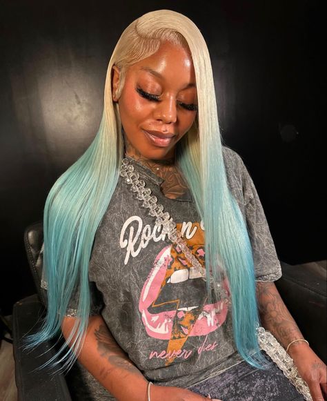 Mint Green Wig Black Women, Teal Wig Install, Mint Green Frontal Wig, Mint Green Lace Front Wig, Teal Blue Lace Front Wig, Baddie Style, Glam Doll, Yellow Hair, Body Wave Hair