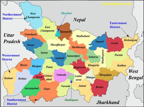 Introduction to Bihar In this article, I will discuss the geography of Bihar along with its administrative zones, climate, soils types river, etc. After reading this article on Bihar Geography, you will easily understand some of the basic information about Bihar, which is very important for the exam perspective like BPSC and BSSC. Geographically, Bihar […] The post Geography of Bihar appeared first on geography4u.com. India World Map, Blank World Map, Geography Facts, Ias Study Material, Indian States, Cartoons Dancing, Map Reading, Geography Map, History Facts Interesting