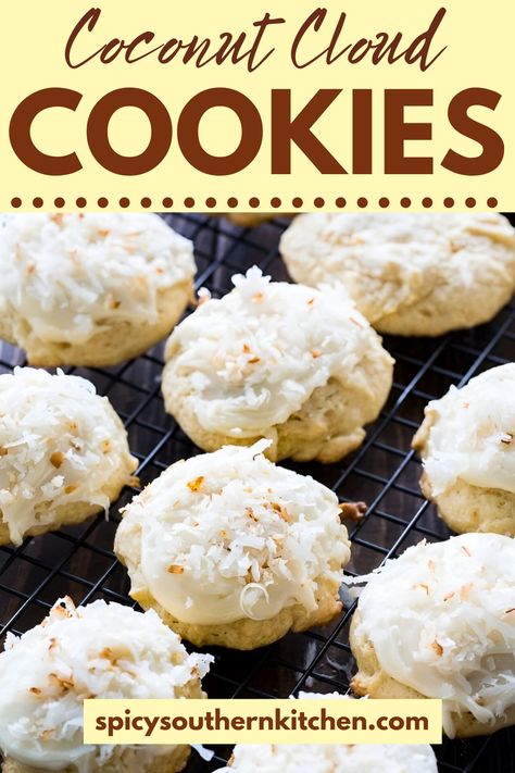 Coconut Clouds are light and cakey cookies with a browned butter frosting. Coconut lovers will adore these cookies. Coconut Cream Pudding Cookies, Coconut Clouds, Cakey Cookies, Coconut Oatmeal Cookies, Cloud Cookies, Coconut Cloud, Coconut Cookie, Coconut Cookies Recipes, Joy Cookies