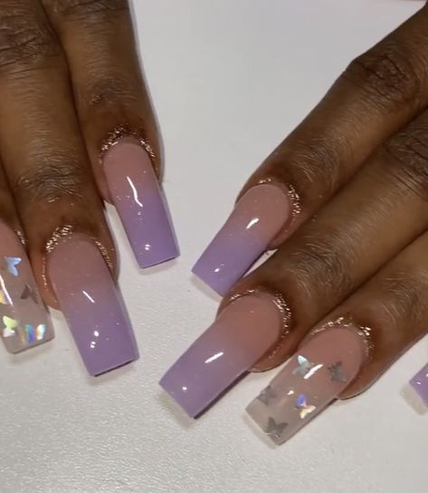 Lavender Overlay Nails, Light Purple And Silver Nails Acrylic, Ombre Purple Nail Designs, Ombre Lavender Nails, Ombre Nails Purple Lavender, Dark Lavender Nails, Purple Ombre Acrylic Nails, Purple Acrylic Nails Almond, Light Purple Ombre Nails