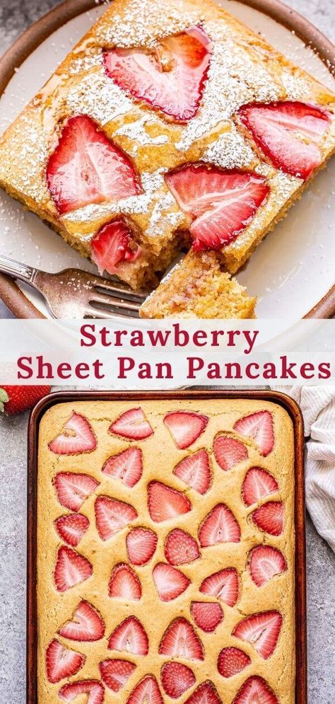 Strawberry Pancake Muffins, Strawberry Sheet Pan Pancakes, Strawberry Waffles Recipe, Strawberry Pancakes Recipe, Recipe Runner, Sheet Pan Pancakes, Pan Pancakes, Strawberry Pancakes, Strawberry Breakfast