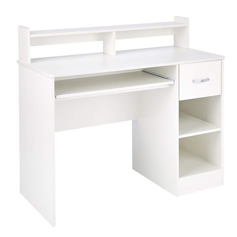 Rockpoint Kora Computer Desk with Keyboard Tray >> Check out the image by visiting the link. (This is an affiliate link) Computer Desk In Bedroom, Wooden Corner Desk, White Study Desk, Computer Desk Organization, White Computer Desk, Shelf Vanity, Desk With Keyboard Tray, Compact Desks, Loft Office