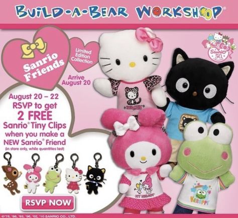 Promotional Ad for Build A Bear Collab with Sanrio #sanrio #buildabearworkshop #hellokitty #buildabear Aesthetic Build A Bear, Sanrio Build A Bear, Build A Bear Hello Kitty, Hello Kitty Build A Bear, Toy Workshop, Build A Bear Outfits, Sanrio Plush, Hello Kitty Merchandise, Hello Kitty Characters