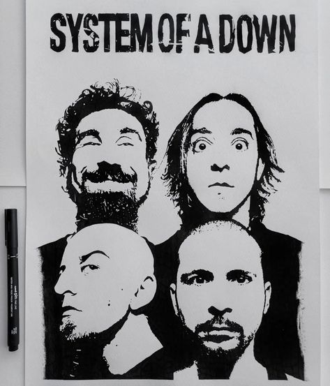 "System Of A Down" . Went for a poster type of look, might actually frame this one too. Hope you like it! . #art #artist #draw #drawing #ink #soad #systemofadown #poster #blackandwhite #band #marker #pen #sketch #dots #stippling #paper #systemofadowndrawing System Of A Down, Poster Drawing, Drawing Ink, Pen Sketch, Stippling, Marker Pen, Lino Print, Draw Drawing, Ink Art