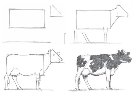 Sketch the Basic Shapes Sketch the basic shapes: a rectangle for the body and a triangle for the head. Add a baseline to establish the length of the legs. How To Draw A Cow Head Step By Step, Cow Sketch Easy Step By Step, Basic Animal Drawings, Cow Drawing Reference, Cow Sketch Easy, Step By Step Cow Drawing, How To Draw A Cow, Simple Cow Drawing, Cows Drawing