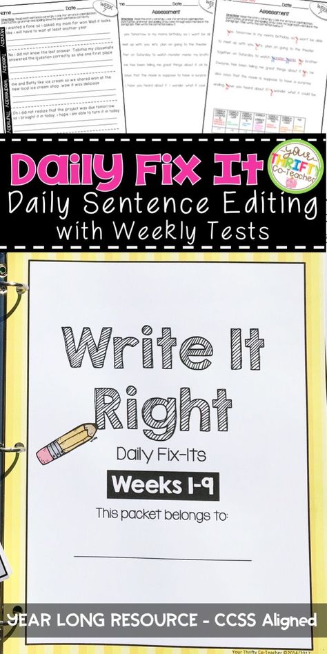 Daily Fix It Sentence Editing offers daily doses of grammar to help students master grammar skills. An ENTIRE SCHOOL YEAR of paired sentences to be edited each day (36 weeks), Weekly Editing Assessments & Answer Keys. Every week, a new grammar concept is introduced and incorporated in this packet. Ela Posters, Ela Kindergarten, Daily Oral Language, 5th Grade Grammar, Sentence Editing, Oral Language Activities, Mentor Sentences, 36 Weeks, 4th Grade Writing