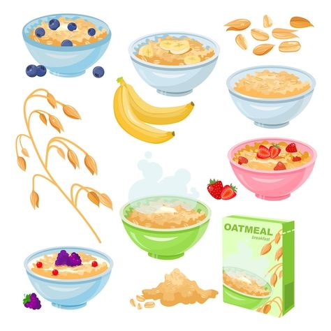 Oatmeal Drawing, Oatmeal For Breakfast, Cartoon Kitchen, Box Cartoon, Food Sticker, Recipe Drawing, Nutrition Food, Oats Quaker, Vector Food