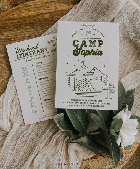 13 Camping Bachelorette Party Weekend Ideas - Last Trail Before the Veil Bachelorette Glamping, Camp Bachelorette Party, Camp Bach, Camping Bachelorette, Retro Bachelorette, Bachelorette Weekend Invitations, Bachelorette Party Weekend, 34th Birthday, Bachelorette Party Invitation