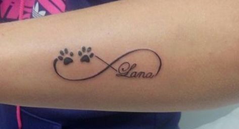 Infinity Tattoo With Dog Paws, Infinity Dog Tattoo, Tattoos In Memory Of Cat, Pawprint Tattoos, Small Pet Tattoos, Caesar Tattoo, Tattoo Design For Hand, Around Arm Tattoo, Basic Tattoos