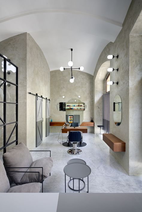 Concrete Barbershop, Hunter Journal, Mathieu Lehanneur, Trim Hair, Hair Salon Interior, Industrial District, Salon Interior Design, Salon Ideas, Retail Interior