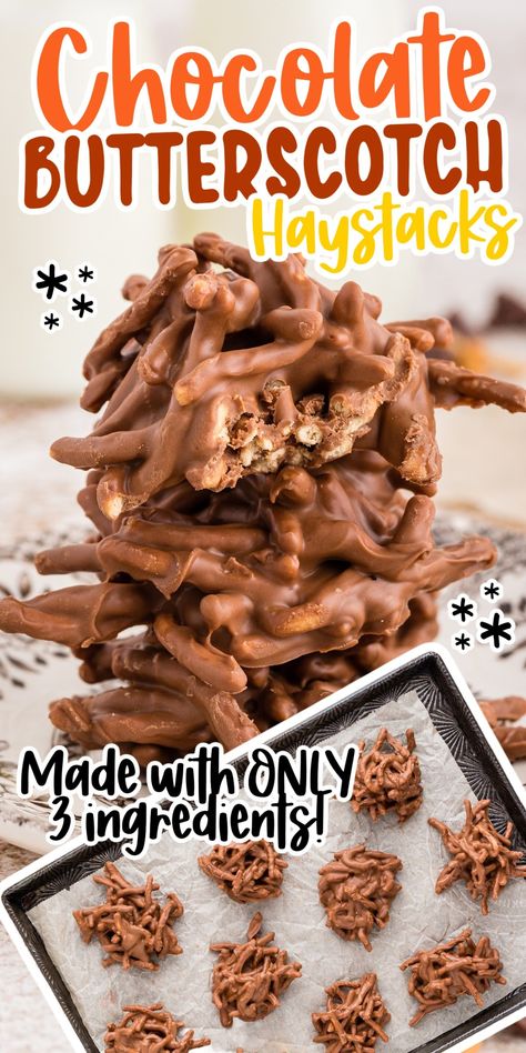 Chocolate Butterscotch Haystacks are chocolate-butterscotch coated noodles that are absolutely scrumptious and only take 15 minutes to make! Chocolate Haystacks Recipe, Chocolate Haystack Cookies, Fudge Peppermint, Butterscotch Haystacks, Desert Board, Chocolate Haystacks, Haystack Cookies, Haystacks Recipe, Snack Dishes