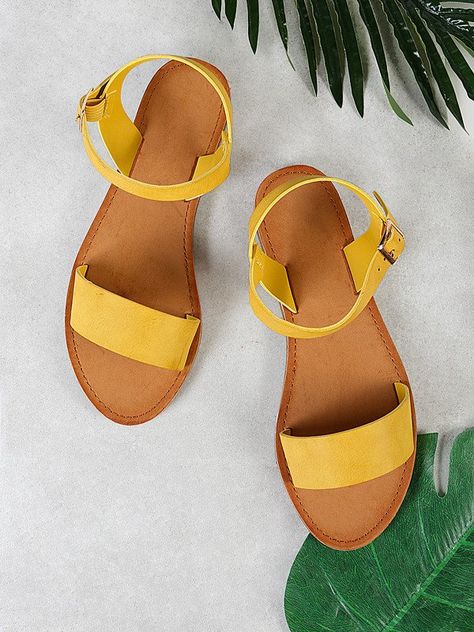 Single Band Ankle Strap Sandal MUSTARD -SheIn(Sheinside) Size 12 Women Shoes, Yellow Sandals, Shoes Flats Sandals, Womens Shoes High Heels, Fashion Sandals, Lace Up Sandals, Shoes Booties, Womens Shoes Wedges, Casual Shoes Women