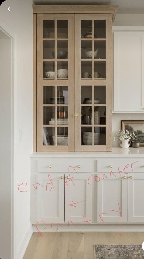 Built In Glass Display Cabinet Kitchen, Natural Wood Kitchen Hutch, China Cabinet Udef In Kitchen, Built In China Cabinet Dining Room Craftsman Style, Built In Dining Room Buffet, Built Ins Dining Room, Bleached Wood China Cabinet, Oak China Cabinet, Cabinet Island