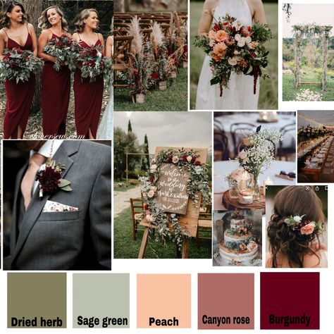 (burgundy, canyon rose, peach, sage green, dried herb) Sage Burgundy Gold Wedding, Sage And Crimson Wedding, November Wedding Burgundy, Safe And Burgundy Wedding, Burgundy Sage Black Wedding, Sage Green And Burgundy Fall Wedding, Fall Maroon Wedding Ideas, Red Peach And Green Wedding, Maroon Gold And Green Wedding