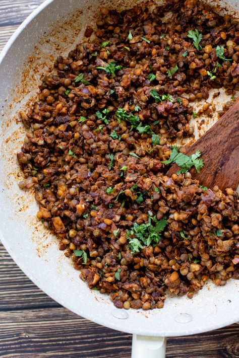 Lentil Mushroom Taco Meat, Walnut Lentil Taco Meat, Vegan Mushroom Meat, Lentil Taco Meat, Lentil Mushroom, Mushroom Tacos, Taco Mix, Lentil Tacos, French Lentils