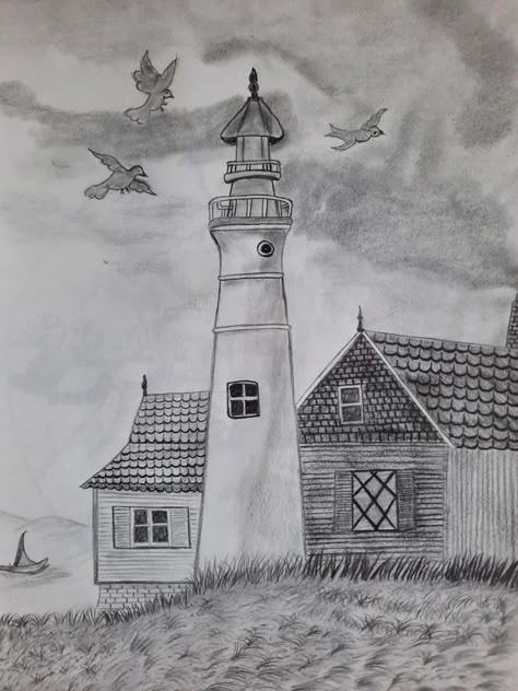 Drawing Sketch Ideas, Drawings Sketches Pencil, Drawing Scenery, Sea Scapes, Lighthouse Art, Dog Sketch, Sketches Pencil, Pencil Shading, Art Drawings Sketches Pencil