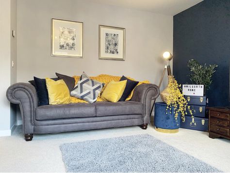 Navy And Yellow Living Room, Navy And Grey Living Room, Blue And Mustard Living Room, Mustard Living Room, Green Furniture Living Room, Mustard Living Rooms, Blue And Yellow Living Room, Green Sofa Living, Green Couch Living Room