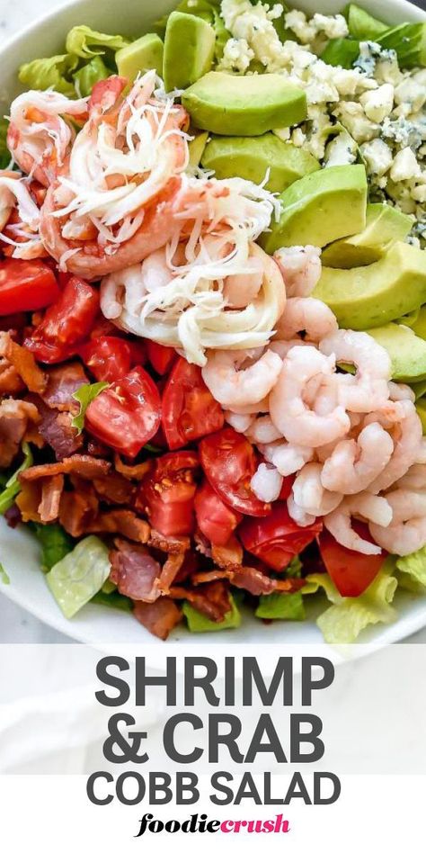 Fresh snow crab and sweet bay shrimp sub in for the traditional chicken in this light but filling Cobb salad topped with #bacon #avocado #tomato and #bluecheese then tossed with a tangy red wine vinaigrette | foodiecrush.com #cobbsalad #recipe #salad #crab #shrimp #avocado #bacon Seafood Cobb Salad, Shrimp And Crab Salad, Crab And Shrimp, Sea Food Salad Recipes, Snow Crab, Shrimp Avocado, Foodie Crush, Salad Toppings, Best Salad Recipes