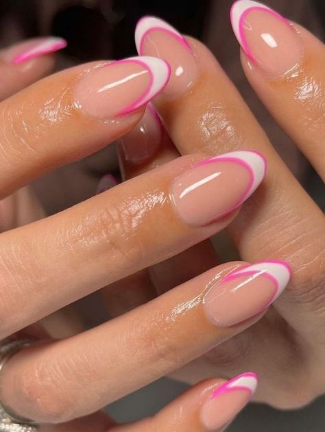 Preppy Summer Nails: Cute Short Almond & French Tip Ideas for 2024 Cute Summer 2024 Nails, Pink Nails Almond Shape Design, Short Oval Nails Colorful, Acrylic Nails Almond Shape French Tip, Cute Nails Summer Almond, Cute Almond Short Nails, Nails For Summer Almond Shape, Nail Idea Short Nails, Short Nails For Volleyball