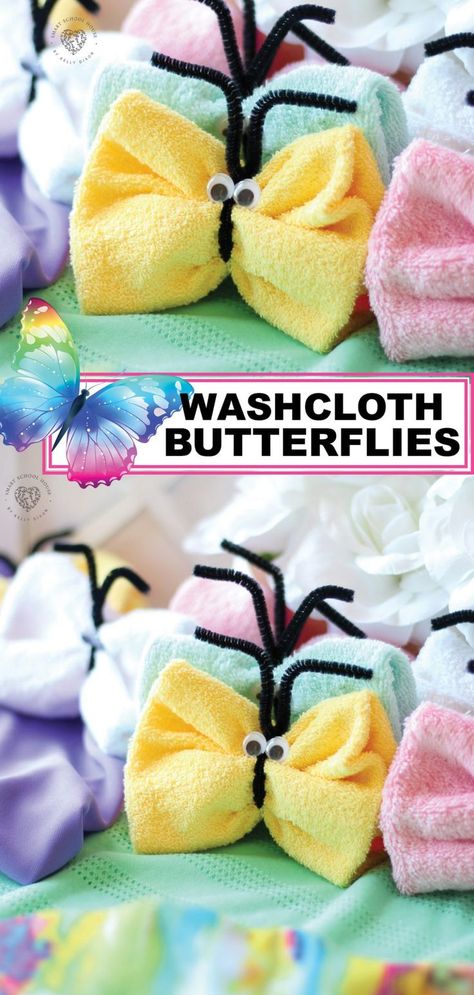 Washcloth Butterflies are a super-cute way to fold your wash clothes! These washcloth butterflies are perfect for a whimsy decor idea or a fun craft for moms and kids! Follow this simple tutorial that walks you through these DIY washcloth butterflies! #diy #crafts #washcloths #butterflycraft #butterflies #diyhome #diydecor #funcrafts #spring Butterflies Diy Crafts, Washcloth Butterfly, Planks Exercise, Whimsy Decor, Butterflies Diy, Cheap Diy Headboard, Washcloth Animals, Cloth Folding, Washcloth Crafts