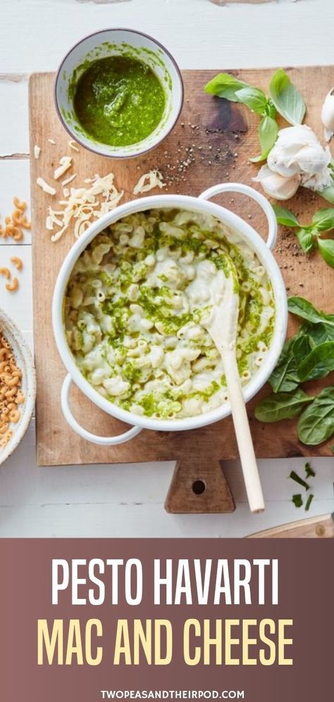 Pesto Havarti Mac and Cheese-this stovetop mac and cheese is super creamy, cheesy, and full of flavor! It is easy to make but tastes gourmet! Havarti Mac And Cheese, Pesto Mac And Cheese, Two Peas And Their Pod, Stovetop Mac And Cheese, Havarti, Creamy Pesto, Pesto Recipe, Modern Japanese, Easy Pasta Recipes