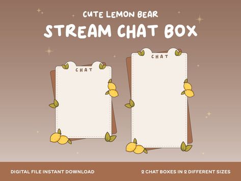 Elevate your Twitch Just Chatting and overlays with this cozy and adorable lemon bear themed chat box! Can be used in OBS and other compatible platforms like YouTube, these overlays are crafted to elevate the aesthetic appeal of your stream. With two sizes available for your convenience, you can effortlessly enhance your stream while infusing it with a cozy, lemon bear vibe. Instantly download your chosen overlay upon purchase and watch as your stream transforms into a captivating visual experie Kawaii Lemon, Brown Theme, Twitch Streamer, Twitch Channel, Custom Signage, Bear Design, Yellow And Brown, Content Creation, Box Design