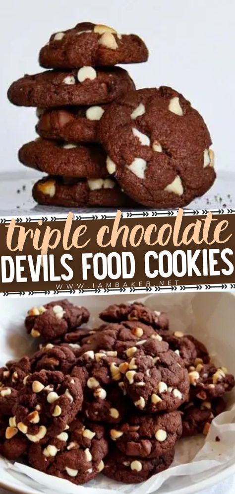 Devils Food Cookies, Chocolate Chocolate Chip Cookies, Triple Chocolate Chip Cookies, Cake Box Cookies, Cake Batter Cookies, Triple Chocolate Cookies, Diy Dessert, Cake Mix Desserts, Chewy Chocolate Cookies