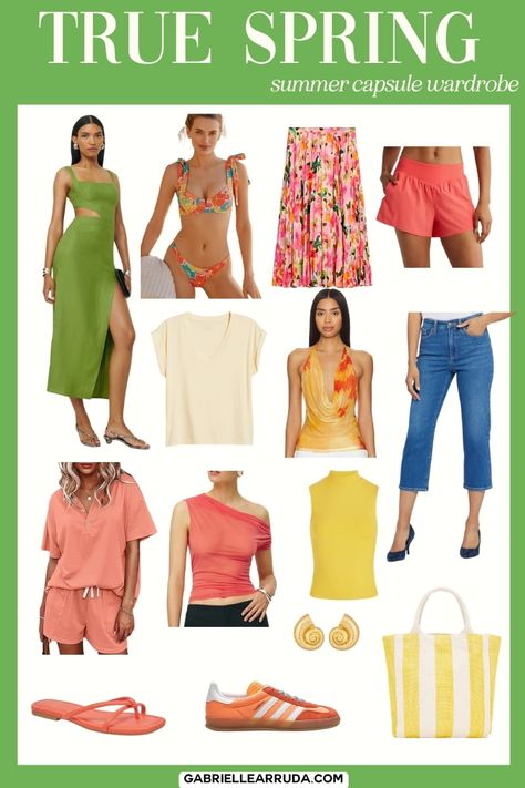 Get inspired by these summer 2024 capsule wardrobe tailored to each of the 12 seasonal color analysis palettes. Including summer capsule wardrobes and outfit ideas for Dark Autumn, True Autumn, Soft Autumn, Soft Summer, True Summer, Light Summer, Light Spring, True Spring, Bright Spring, Bright Winter, True Winter, and Dark Winter. Including the seasonal color palette examples and shopping pieces. summer capsule wardrobe | summer fashion | summer outfits | seasonal color palettes outfit ideas. True Spring Outfit Ideas, True Spring Capsule Wardrobe, True Spring Lipstick, Autumn True, Season Palette, Warm Spring Palette, Warm Spring Color Palette, True Spring Color Palette, Warm Spring Outfits