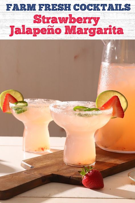 Sit back, relax, and Reposado with this must have cocktail. Casamigos Reposado, Strawberry Jalapeno Margarita, Margarita Pitcher, Jalapeno Margarita, Cocktails To Try, Mixed Drinks Alcohol, Strawberry Syrup, Juice Plus, Perfect Cocktails