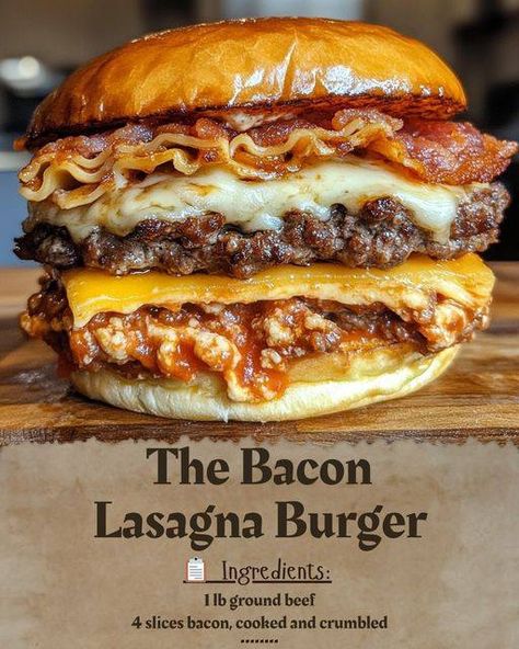 🔥 Unleash the Flavor: The Ultimate Bacon Lasagna Burger 🍔❤️ Ready to dive into the tastiest fusion of Italian and American cuisine? Say hello to the Bacon Lasagna Burger—a mouthwatering mash-up you won’t forget! Imagine juicy beef patties layered with cheesy lasagna and crispy bacon, all packed into a burger bun. Perfect for family dinners or weekend indulgence! 😍 Every bite bursts with rich marinara, gooey mozzarella, and savory bacon. If you love creative twists on classic dishes, this is... Brat Patty Recipes, Bacon Lasagna Burger, Italian Burger Recipe, Lasagna Burger, Bacon Lasagna, Weber Recipes, Grilled Cheese Sloppy Joe, Cheesy Lasagna, Savory Bacon