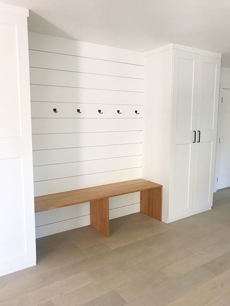 How to create a mudroom using Ikea cabinets! Old Farmhouse Mudroom, Shiplap Bench, Entryway Armoire, Federation Renovation, Jenny Komenda, Ikea Laundry Room, Casual Family Rooms, Mudroom Cabinets, Green Notebook