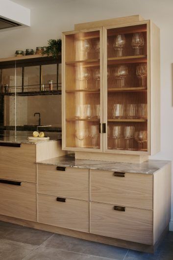 Fluted Glass Kitchen Cabinets, Fluted Glass Kitchen, Modern Kitchen Pantry, Statement Kitchen, Glass Kitchen Cabinets, Glass Cupboard, Oak Cupboard, Timber Frames, Fluted Glass