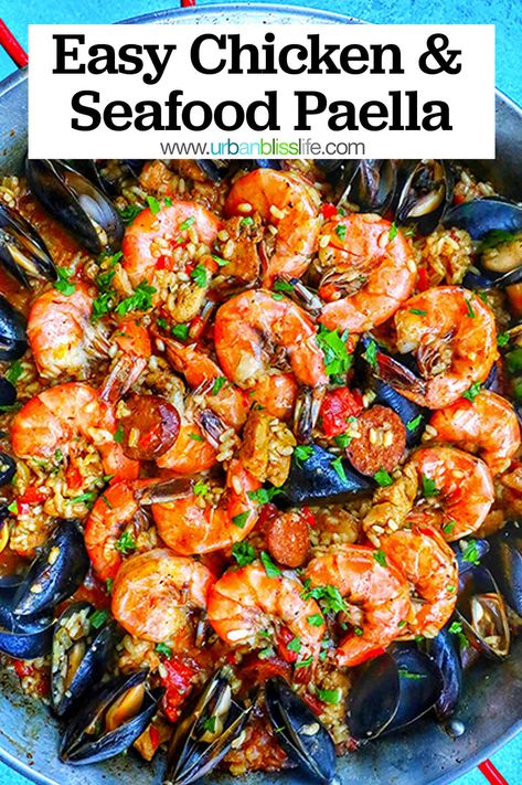 Chicken And Seafood Paella Recipe, Easy Seafood Paella Recipe, Paella Seafood, Birthday Dinner Ideas, Seafood Paella Recipe, Hosting At Home, Paella Party, Chicken And Chorizo, Paella Recipe Seafood