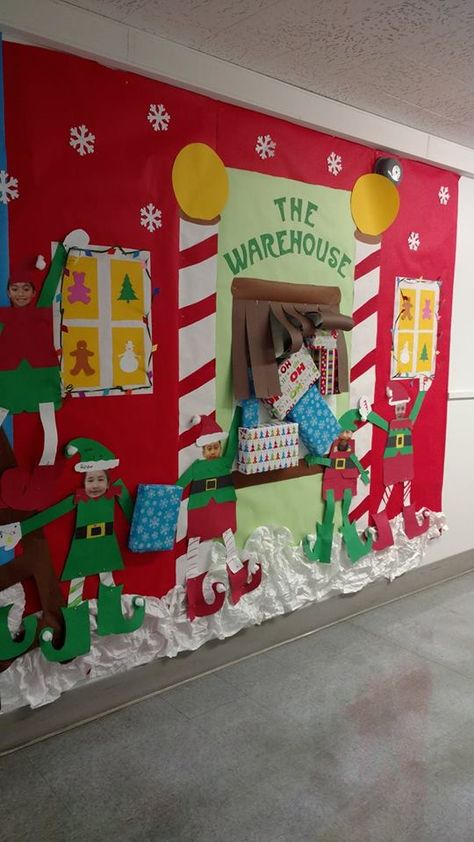 Santa Sleigh Bulletin Board, 3d Christmas Bulletin Boards, Santas Toy Shop Door Decoration, Santa’s Workshop Hallway Decorations, Santas Workshop Bulletin Board Ideas, Elf Village Decorations, Santa’s Village Decoration, North Pole Hallway Decorations, Santas Workshop Door Decoration