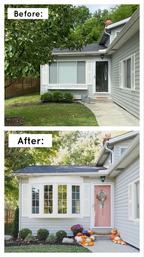 #ad Check out our home before and after our new bow window was installed by Universal Windows Direct! It has added so much curb appeal to the outside of our home! Bay Window Before And After, Bow Window Ideas Exterior, Window Update Exterior, Before And After Window Replacement, Adding Windows To House Before And After, Exterior Picture Window, Replacement Windows Before And After, New Windows Exterior Before And After, Adding Windows To House