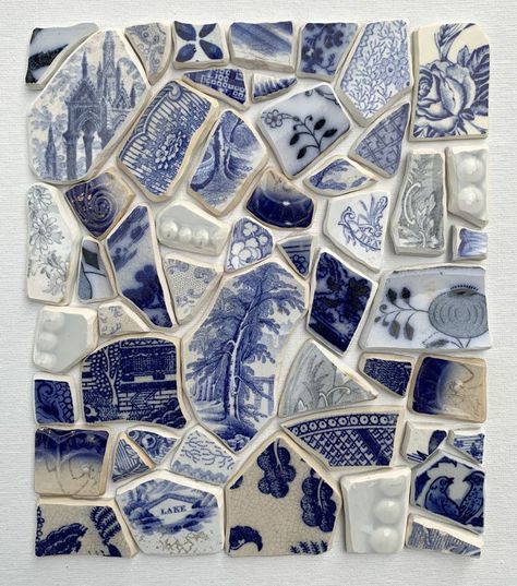 mosaic composition with vintage blue china Blue Mosaic Tile, Mosaic Art Projects, Found Object Art, Blue Mosaic, Vintage Tile, Mosaic Garden, Blue Pottery, Porcelain Blue, Ceramics Pottery Art