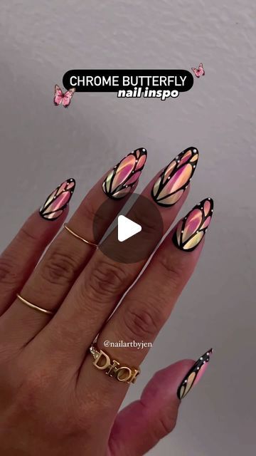 Jeanette Flores on Instagram: "🍓🍋Strawberry lemonade or sunset chrome? 🌅 Trending butterfly wings nails 🦋😮‍💨🤯🤩  Make sure to SAVE & SHARE for spring nail inspo, and FOLLOW for the tutorial 💅🏽   Using @daily_charme (code: JEN10) •605 Lemon Meringue •Electric Neon Pigment / Pink •Unichrome Chrome Powder •Charme Gel Art Paint / P01 Black •Daily Charme Nail Art Brush / Art Liner  #dailycharme #chromenails #uñas #springnails2024 #springnails #butterflywings #butterflynails #sparklynails #glitternails #nailinspo #ombrenails  #iridescentnails #fairynails #fairycore #nailart #cutenails #diynails #nailtrends #viralnails" Nails Brush Art, Brush Art Nails, Chrome Butterfly Nails, Wings Nails, Butterfly Wing Nails, Butterfly Nails, Brush Art, Green Chrome, Chrome Powder